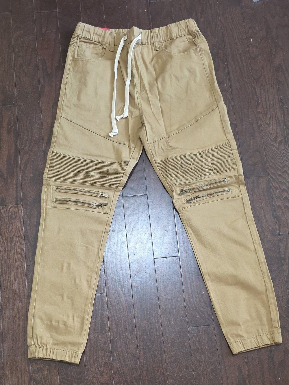 Men's Tan Moto Joggers with Ribbed Knee Panels & Zip Details